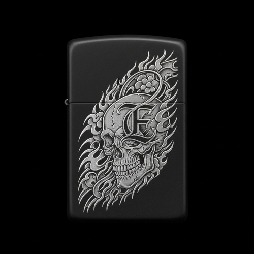 Benzinli Çakmak Kuru Kafa Figürlü E Harfli Tasarım - V77