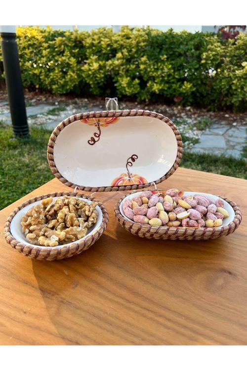 El Yapımı Sunum Kase Seti | Leke Tutmaz | Hasır Görünümlü İp Kenar Tasarım – 3’Lü Sunum Seti