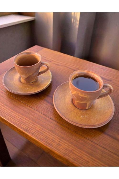 Rustik Turuncu Mat Seramik Kahve Fincan Takımı – 4 Parça, El İşçiliği Vintage Espresso - Kahve Seti
