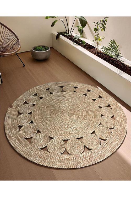 1 Adet Yuvarlak Parçalı Jüt Görünümlü Kilim 100 Cm