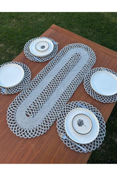 Bohem Stil Doğal İp Hasır Sofra Seti – 4 Kişilik Hasır Görünümlü Amerikan Servis Ve Runner Takımı