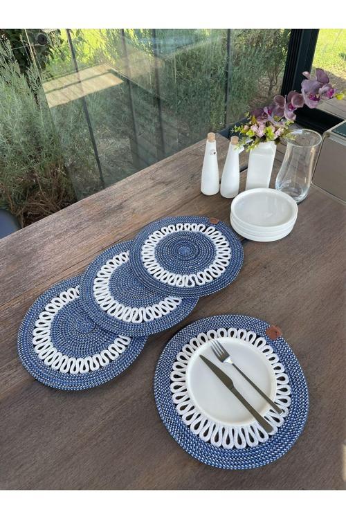 4 Kişilik Yuvarlak Amerikan Servis Özel Tasarım Lacivert 33 X 33 Cm