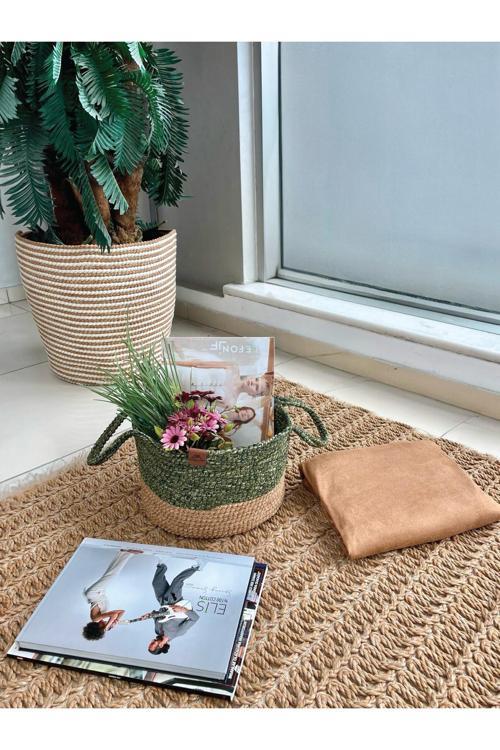 Kulplu Düzenleyici Sepet Leke Tutmaz Natural-Yeşil 31X20 Cm