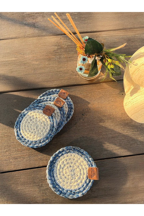 4 Adet Yuvarlak Bardak Altlığı- Leke Tutmaz- Mavi-Beyaz 13X13 Cm