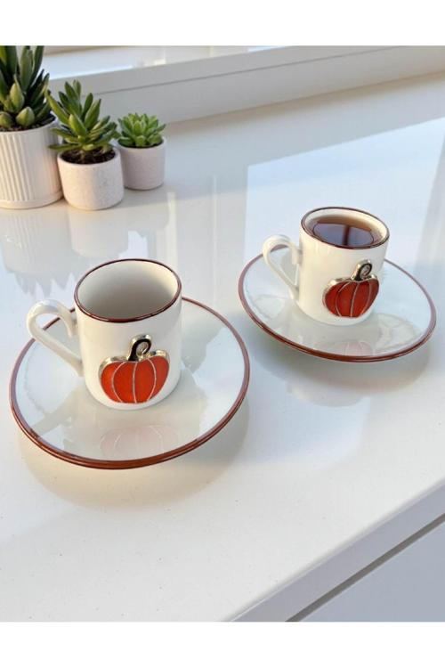 Balkabağı Desenli 2’Li Kahve Fincan Takımı – Şık Sunum, Hediyelik, Dekoratif, Seramik