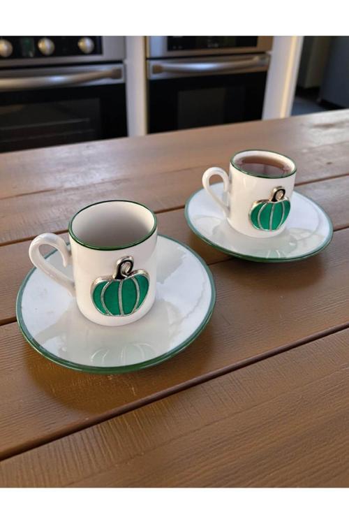 Balkabağı Desenli 2’Li Kahve Fincan Takımı – Şık Sunum, Hediyelik, Dekoratif, Seramik