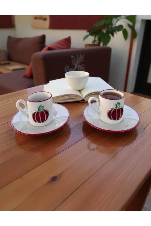 Balkabağı Desenli 2’Li Kahve Fincan Takımı – Şık Sunum, Hediyelik, Dekoratif, Seramik