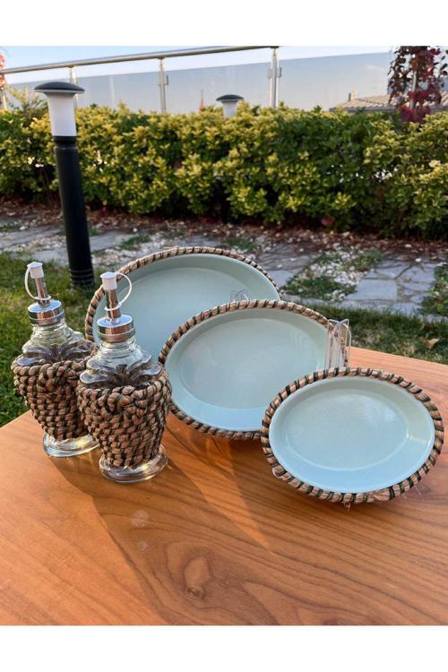 Hasır Görünümlü Leke Tutmaz 5’Li Sofra Seti – Yağlık & Sirkelik Dahil El Yapımı Sunum Takımı