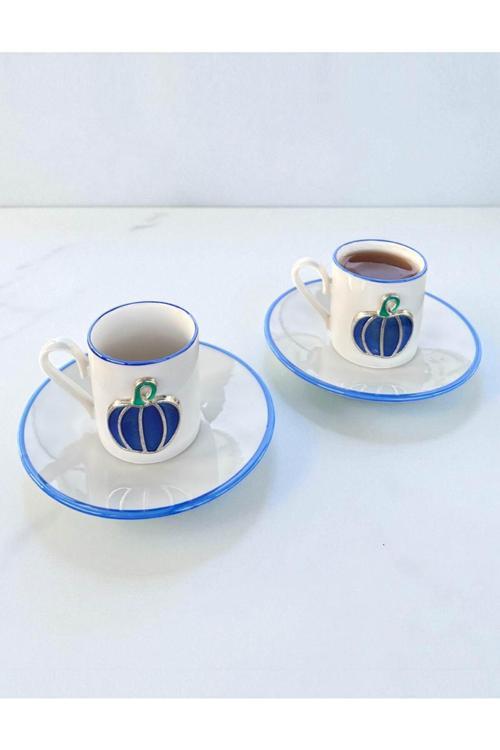 Balkabağı Desenli 2’Li Kahve Fincan Takımı – Şık Sunum, Hediyelik, Dekoratif, Seramik