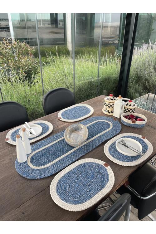 Doğal İp - Leke Tutmaz 6’Lı Masa Takımı | 4 Amerikan Servis, 1 Runner, 1 Sepet - Şık Sofra Seti