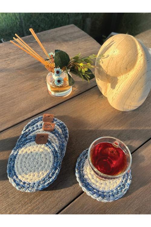 4 Adet Yuvarlak Dekoratif Bardak Altlığı Seti - Yuvarlak , Leke Tutmaz- Mavi-Beyaz 13X13 Cm