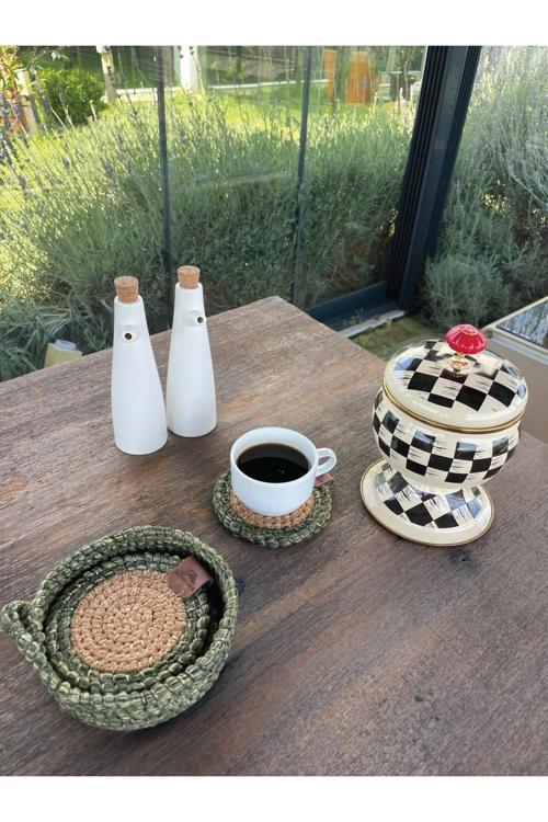 4 Adet Yuvarlak Kılfılı Bardak Altlığı- Leke Tutmaz- Naturel-Yeşil 13X13 Cm