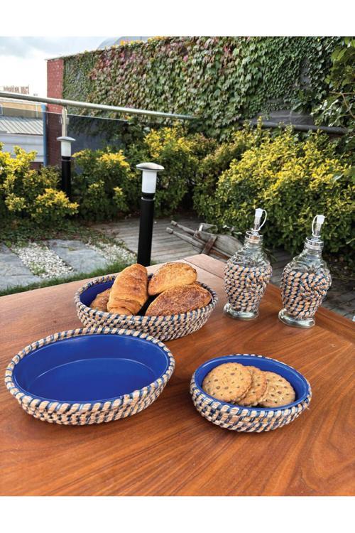 Hasır Görünümlü Leke Tutmaz 5’Li Sofra Seti – Yağlık & Sirkelik Dahil El Yapımı Sunum Takımı