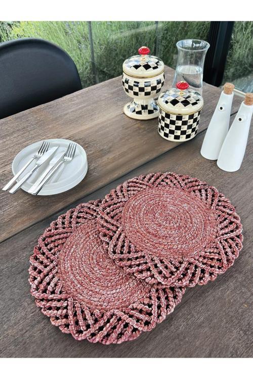 2'Li Set Hasır Görünümlü Amerikan Servis-Leke Tutmaz Bordo 33 Cm