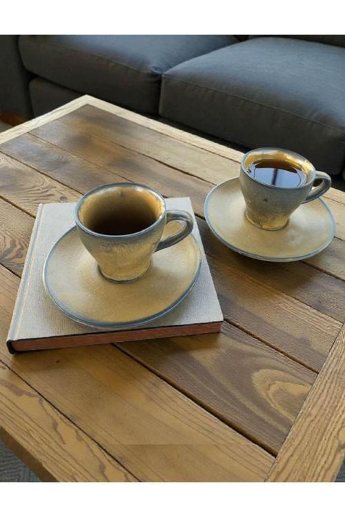 Rustik Mat Seramik Kahve Fincan Takımı – 4 Parça, El İşçiliği Vintage Espresso - Kahve Seti