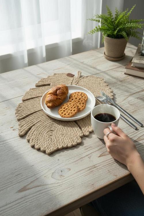 El Yapımı Jüt İp Yaprak Model Amerikan Servis- Supla – Doğal, Leke Tutmaz Ve Rustik Sofra Aksesuarı