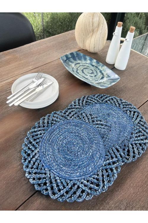 2'Li Set Hasır Görünümlü Amerikan Servis-Leke Tutmaz Mavi 33 Cm