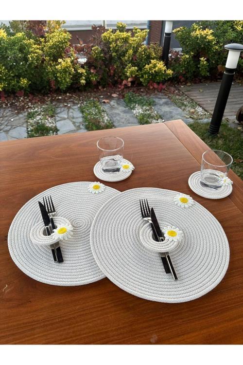 El Yapımı Papatya Detaylı Hasır Görünümlü 6 Parça Sunum & Supla Seti – Sofra Sunumu – Beyaz