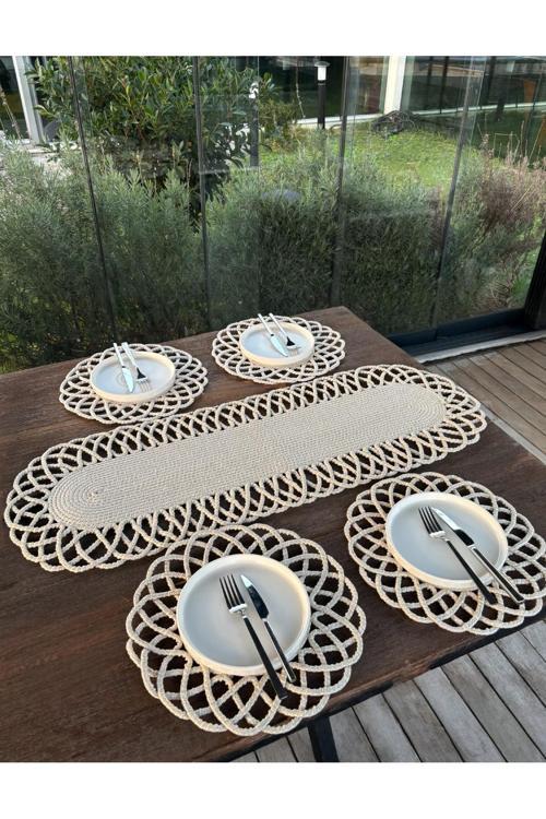 4 Kişilik Hasır Görünümlü Amerikan Servis Ve Runner Takımı