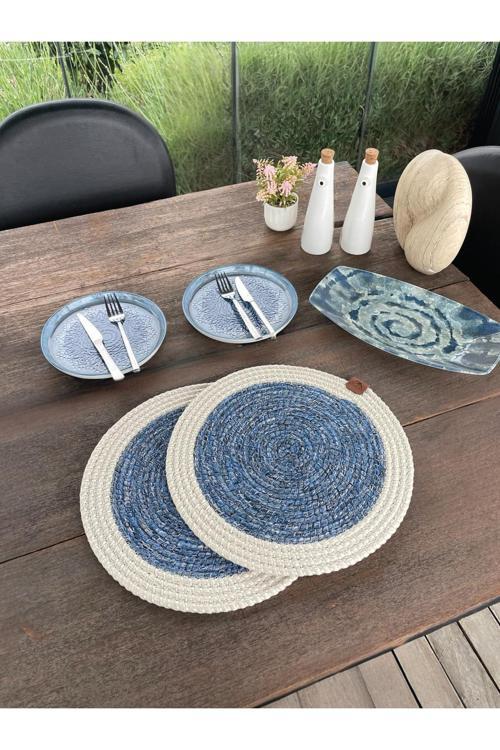 2 Kişilik Yuvarlak Amerikan Servis Leke Tutmaz - Supla Beyaz/ Mavi 33X33 Cm