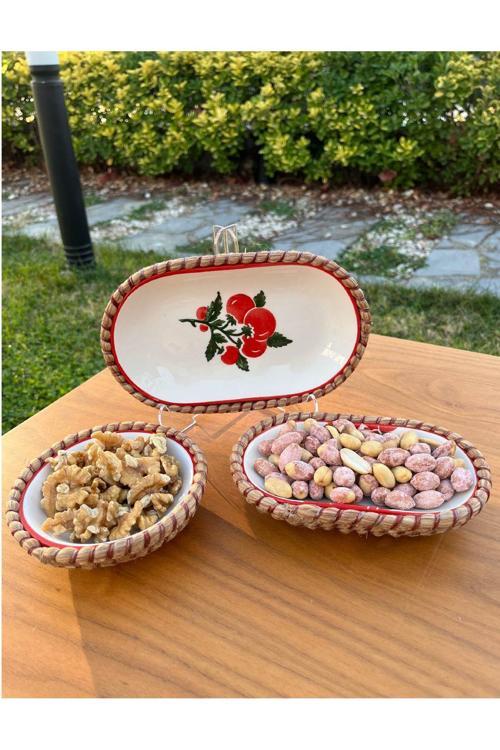 El Yapımı Sunum Kase Seti | Leke Tutmaz | Hasır Görünümlü İp Kenar Tasarım – 3’Lü Sunum Seti