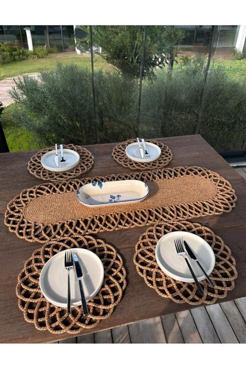 4 Kişilik Hasır Görünümlü Amerikan Servis Ve Runner Takımı