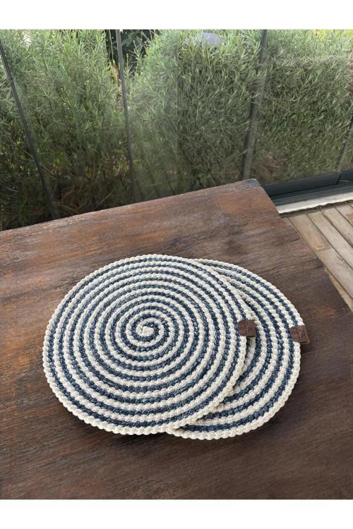 2 Kişilik Yuvarlak Amerikan Servis Leke Tutmaz - Supla Çizgili Mavi 33X33 Cm