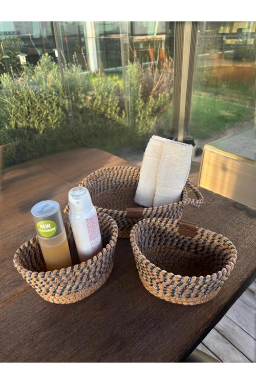 3'Lü Düzenleyici Sepet Set - Dekoratif - Leke Tutmaz Mavi/Natural