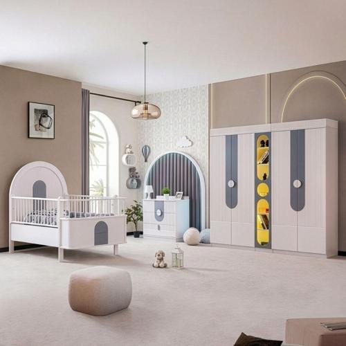 Venüs Çocuk Odası Takımı, Venüs Büyüyen Beşik, Vira 4 Kapaklı Kitaplıklı Dolap, Şifonyer - Gri
