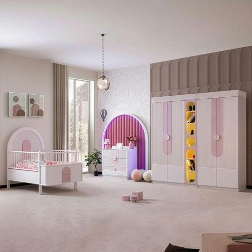 Venüs Çocuk Odası Takımı, Venüs Büyüyen Beşik, Vira 4 Kapaklı Kitaplıklı Dolap, Şifonyer - Pembe