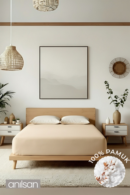 Düz Bej Lastikli Ranforce Çarşaf  %100 Pamuk Tek/Çift Kişilik Ev, Otel Çarşafı