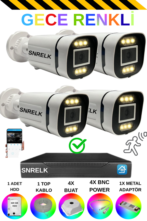 sencrom 4'Lü 6X Warm Led 1080P Gece Renkli Su Geçirmez Güvenlik Kamera Set
