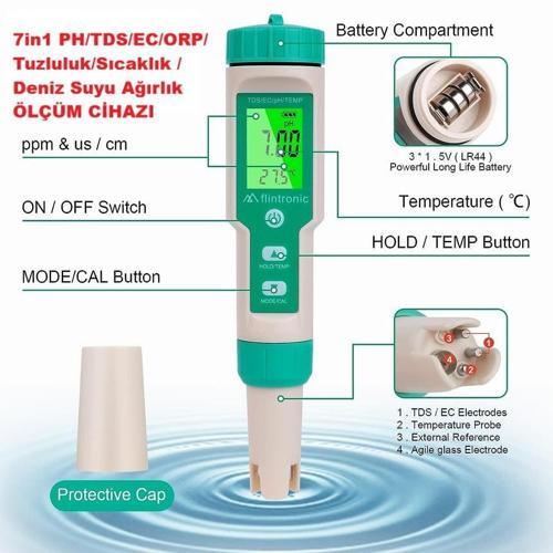 JQ008 PH Ölçer Su Kalitesi - 7in1 PH/TDS/EC/ORP/Tuzluluk/Sıcaklık / Deniz Suyu Ağırlık SU ÖLÇÜM CİHAZI