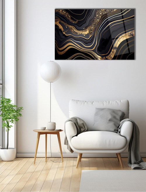 Soyut Siyah Gold Mermer Deseni Yatay Cam Tablo , Modern Ev Ofis Salon Duvar Dekoru , Hediyelik Tablo