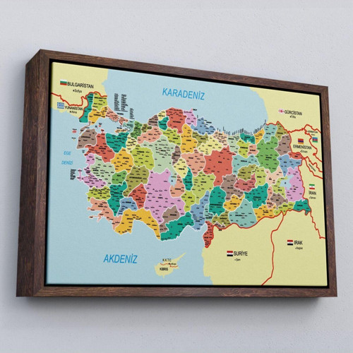 Çerçeveli Türkiye Haritası Kanvas Tablo İl Ve İlçeli Ayrıntılı Eğitici Komşulu Tablo-3012
