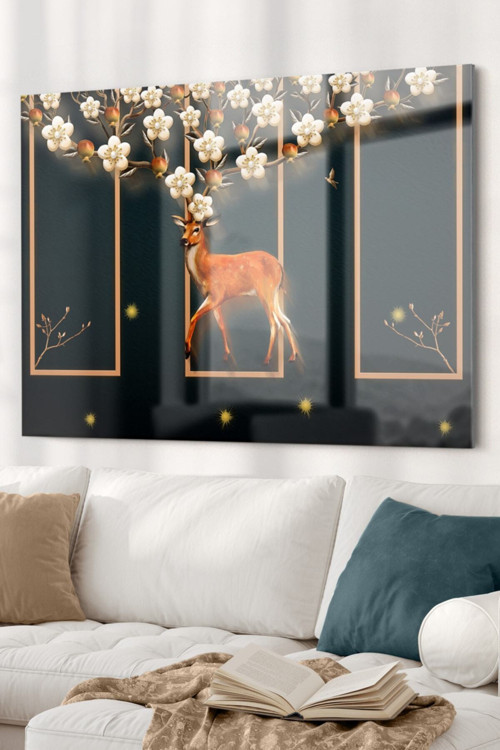 Gold Detaylı Geyik | Hayvan Temalı Cam Tablo | 50X70 Cm