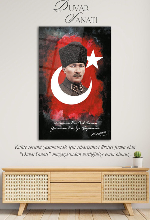 Atatürk Portresi Vatanını En Çok Seven Görevini En İyi Yapandır Cam Tablo Duvar Dekoru, Hediyelik