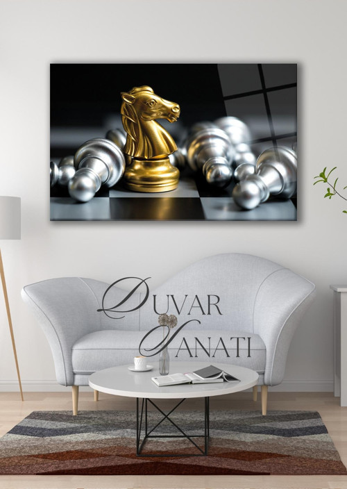 Satranç At'In Savaşı Yatay Cam Tablo, Modern Ev Salon Ofis Dekorasyonu Hediyelik Büyük Duvar Dekoru
