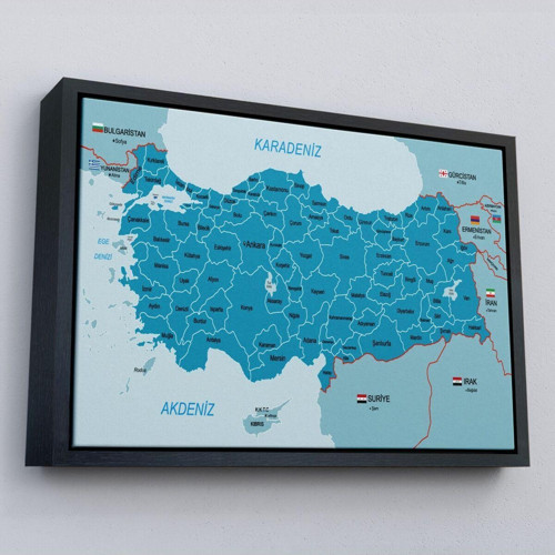 Çerçeveli Türkiye Haritası Kanvas Tablo Sınır Komşulu Eğitici Dekoratif Tablo-3087