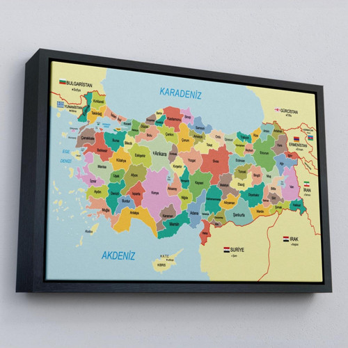 Çerçeveli Türkiye Haritası Kanvas Tablo Sınır Komşulu Eğitici Dekoratif Tablo-3096