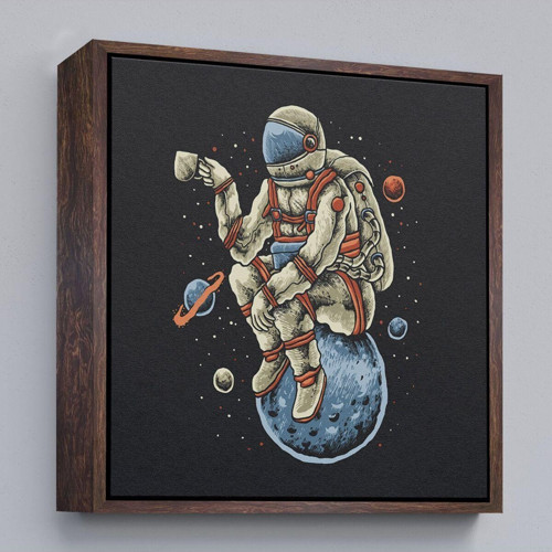 Çerçeveli Dünya Üzerinde Dinlenip Kahve İçen Astronot Kanvas Tablo-5098