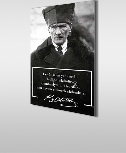 Atatürk Özel Tasarım 6 Siyah Beyaz Dikey Cam Tablo
