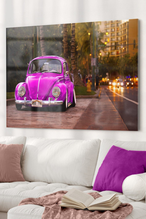 Pembe Vosvos Araba | Araba Temalı Cam Tablo | 50X70 Cm