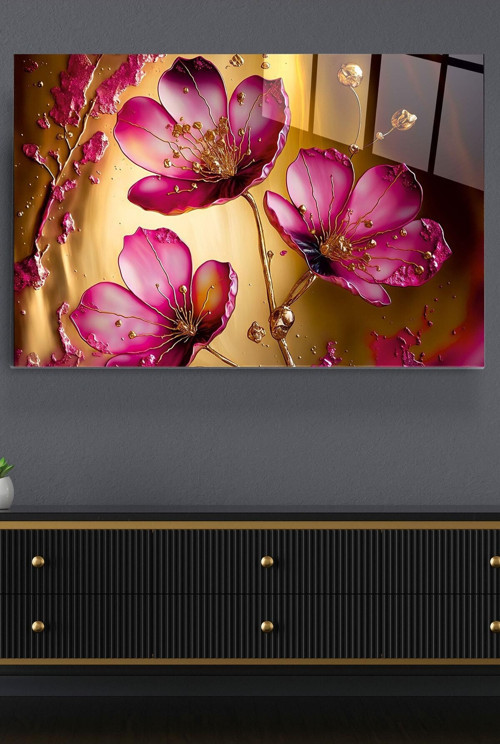Pink Flowers Cam Tablo, Dekoratif Cam Tablo