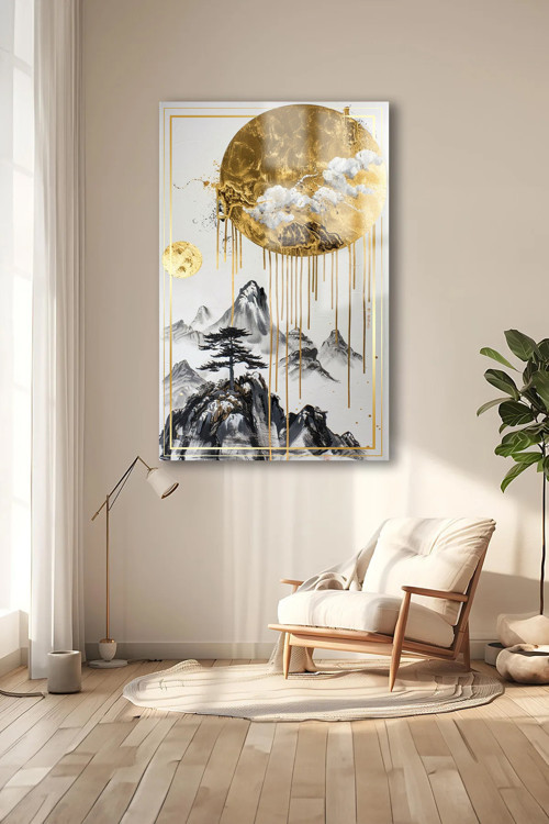Gold Detaylarla Dolu Beyaz Dikey Oturma Odası Tablosu Ev Hediyesi Kırılmaz Lüks Modern Cam Tablo