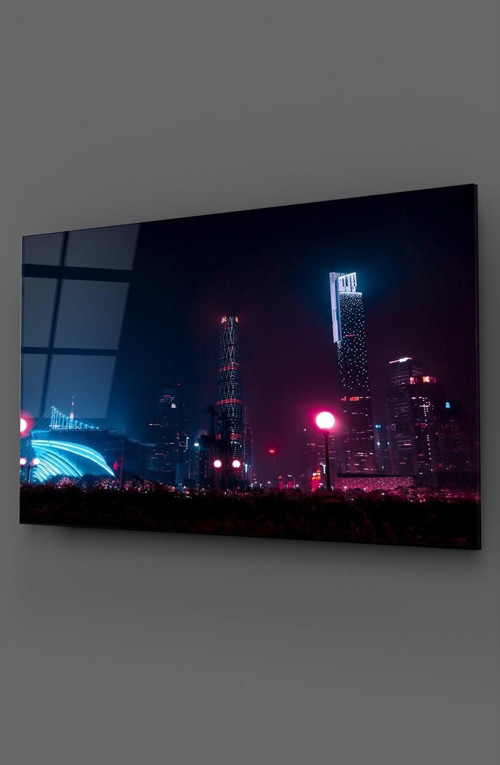 Neon Efekt Şehir Cam Tablo