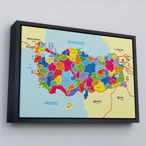 Çerçeveli Türkiye Haritası Kanvas Tablo İl Ve İlçeli Ayrıntılı Eğitici Komşulu Dekoratif Tablo-3005