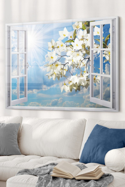 Pencere Ve Beyaz Çiçekler | Manzara Temalı Cam Tablo | 50X70 Cm