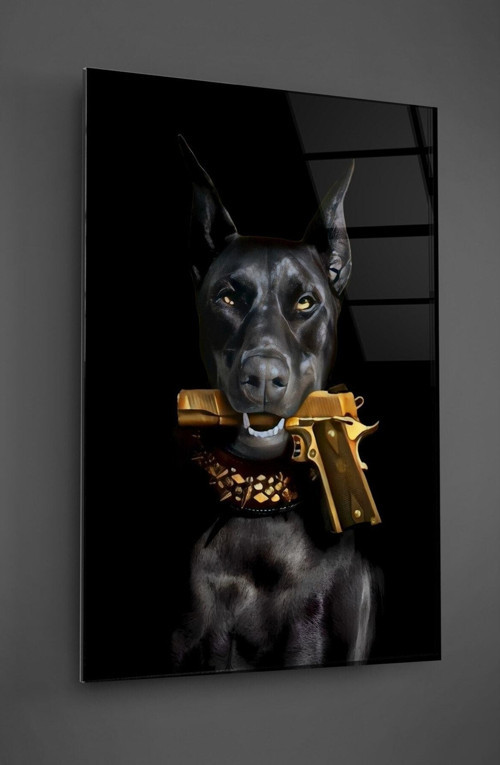 Gold Renkli Doberman Cam Tablo