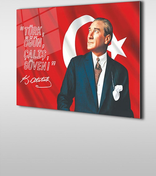 Atatürk Ve Türk Bayrağı Özel Tasarım Yatay Cam Tablo